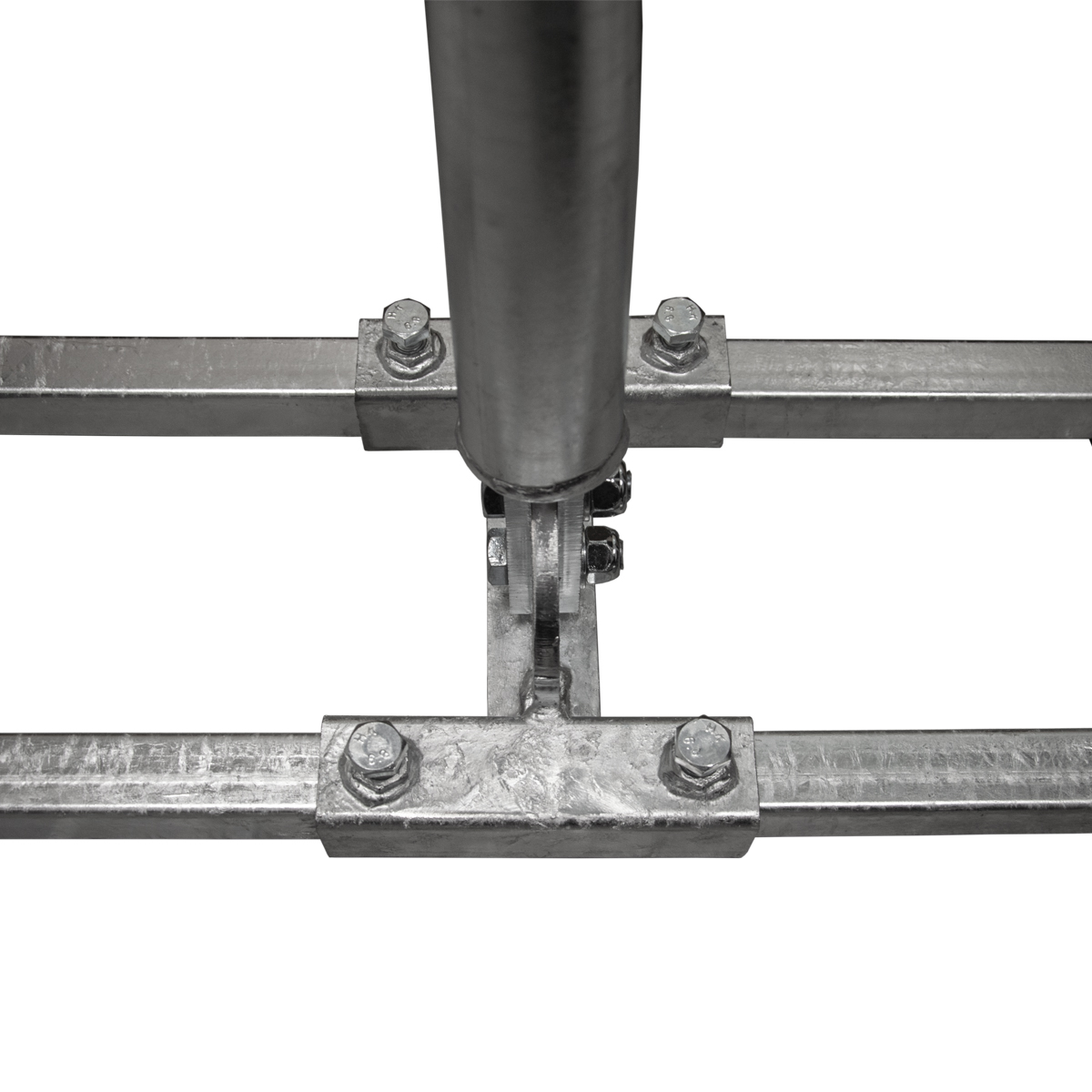Metallstruktur mit Schrauben, wahrscheinlich Teil einer größeren Konstruktion oder eines Trägers.