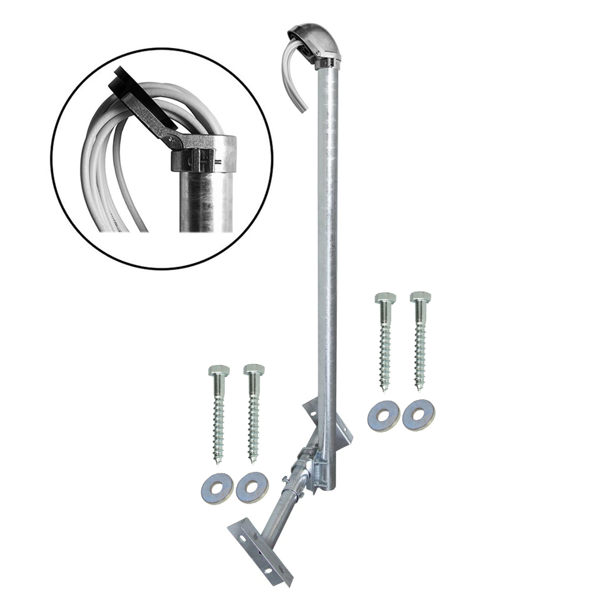 Ein Antennen-Montagesatz mit einem gebogenen Metallteil und Schrauben. Nahaufnahme zeigt Kabel.