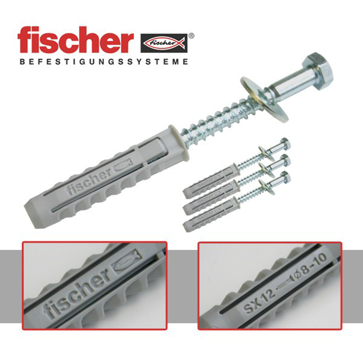 Fischer-Befestigungssystem mit Schrauben. Grau und Silber. Nahaufnahme zeigt Text und Markierungen.
