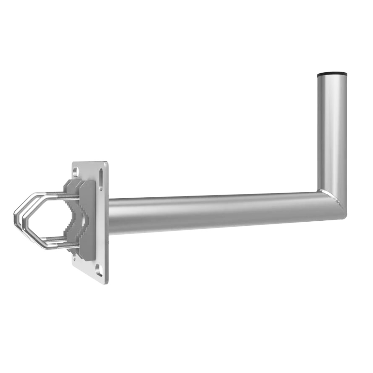 Halterung für eine silberne Metallantenne. Weißer Hintergrund.