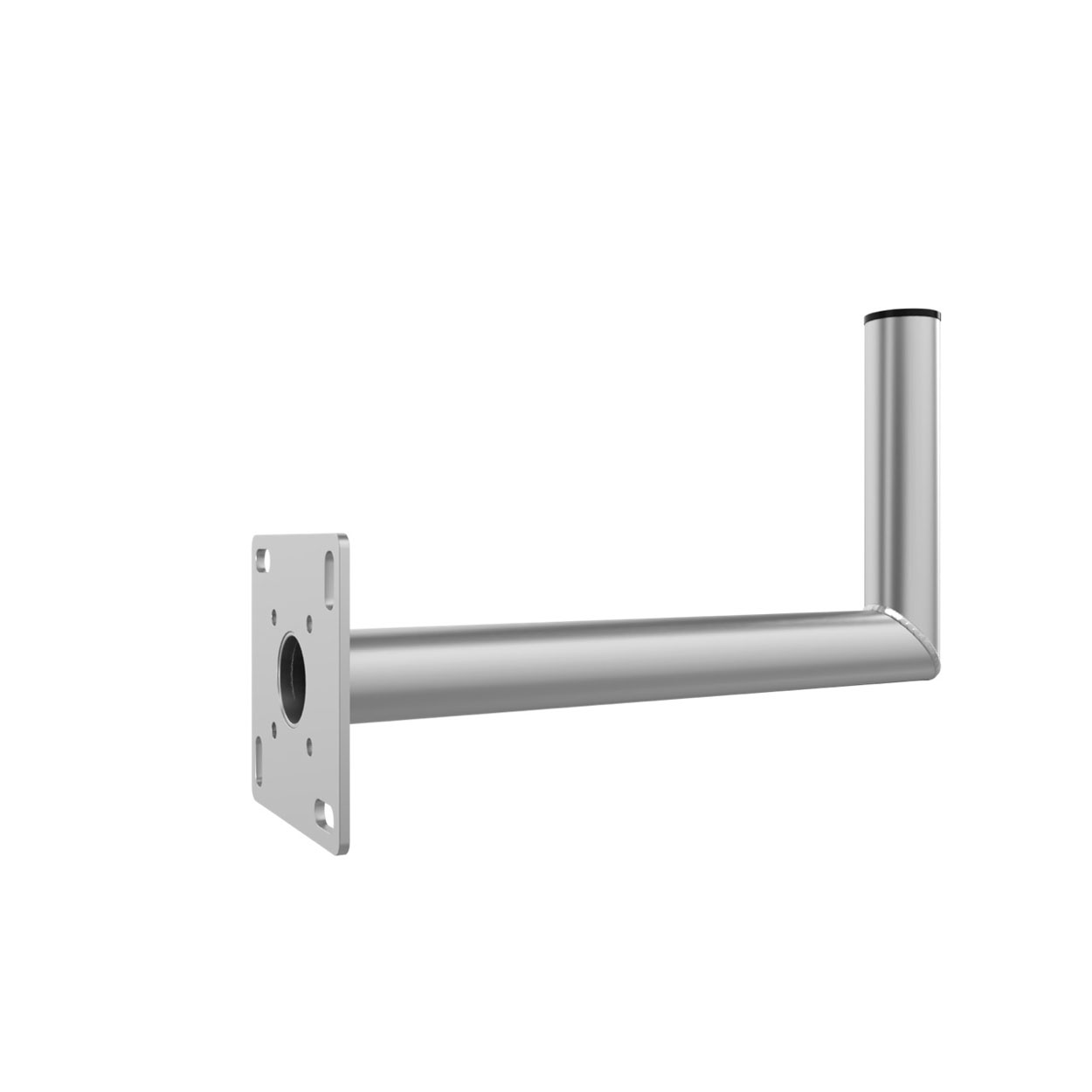 Ein Metallhalter, L-förmig, mit quadratischer Basis und zylindrischem Arm.