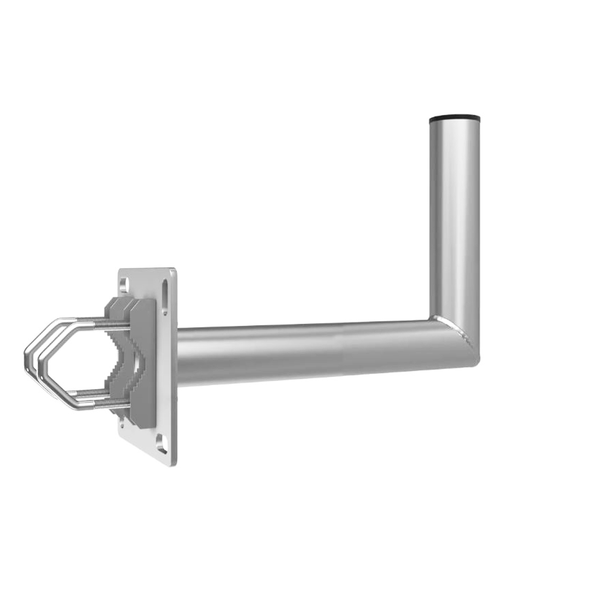 Silberfarbene L-förmige Antennenhalterung mit Befestigungsmaterial, freigestellt.