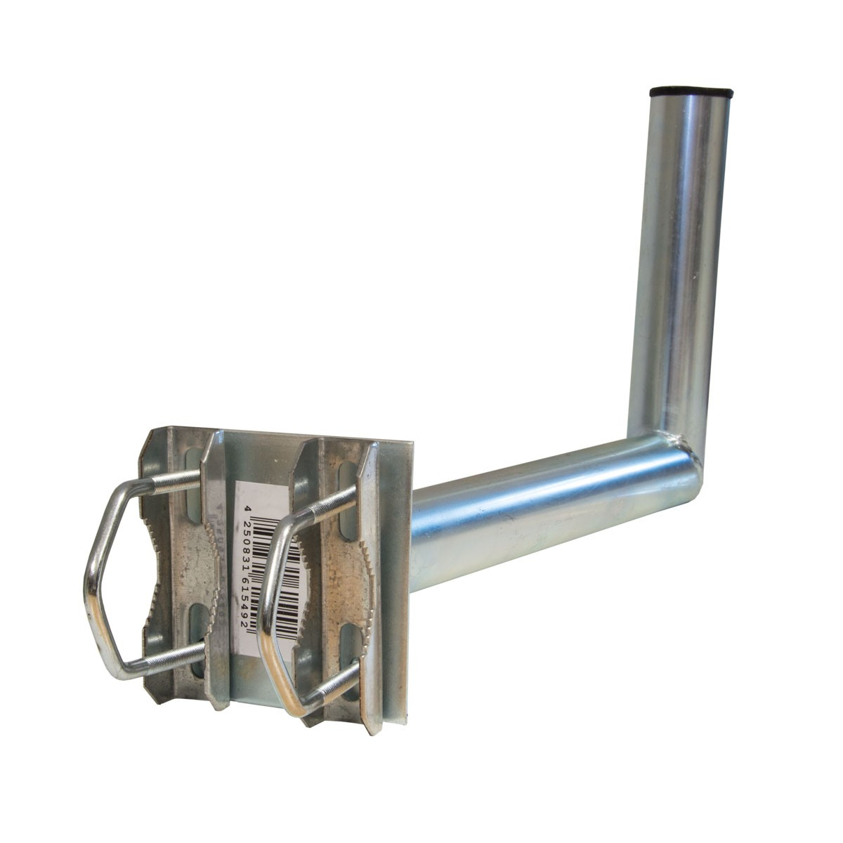 Ein verzinkter Metallwinkel, L-förmig, mit Befestigungsmaterial. Weißer Hintergrund.
