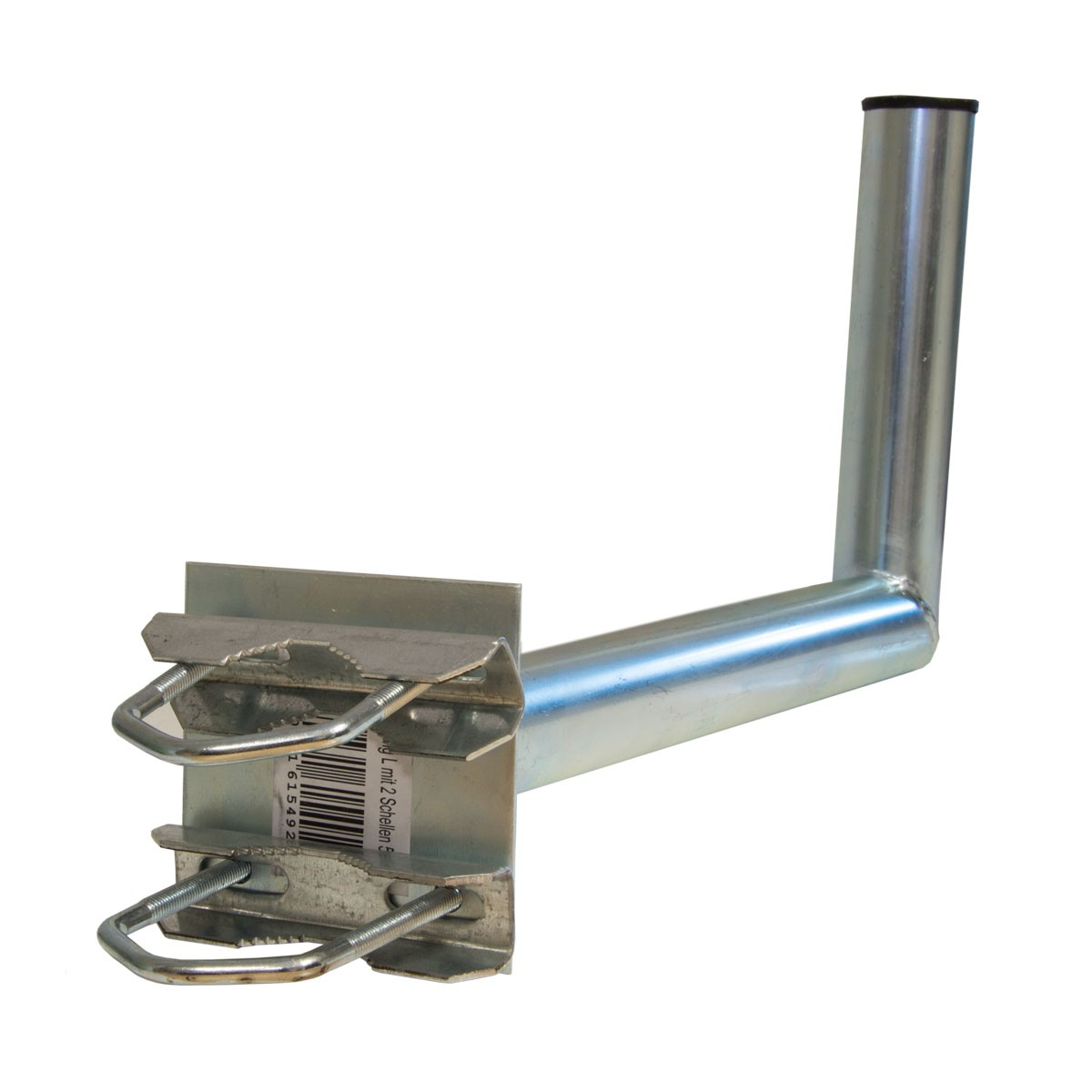 Metallhalterung mit zwei U-Bolzen und einem silbernen Metallpfosten.