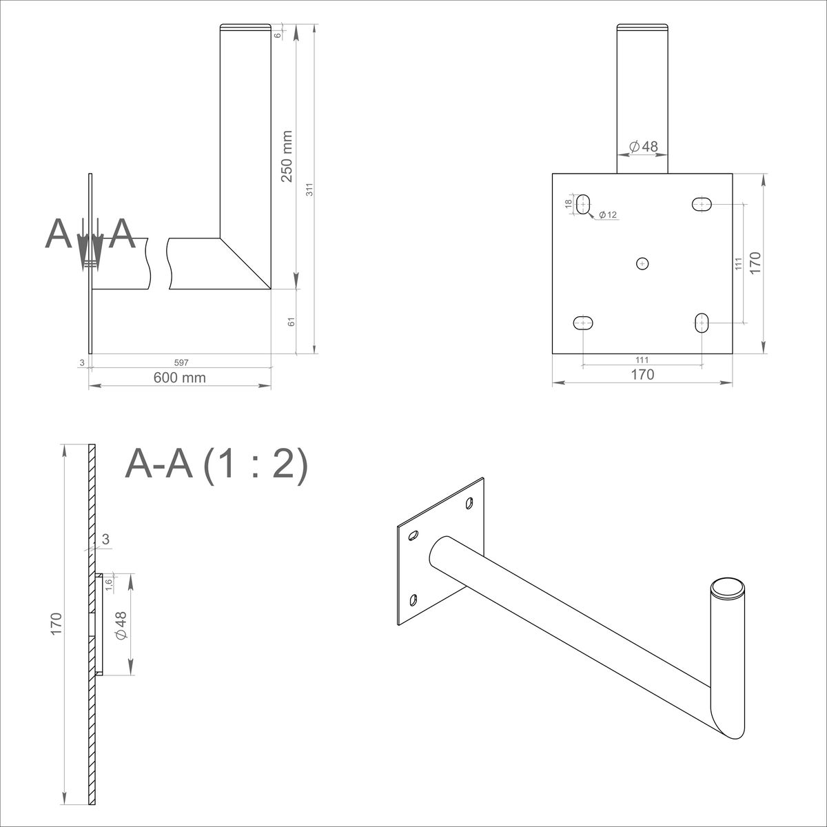 SAT-Wandhalterung, SKYREVOLT Wandhalter Montage Schrauben 60cm Wand Antenne SAT Ø Silber Halter Stahl 48mm