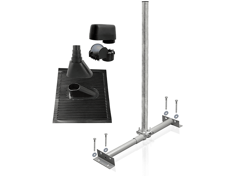 SKYREVOLT Dachsparrenhalter Set 1m Mast 60mm Alu-Ziegel schwarz Mastkappe Dachsparrenhalterung, Silber | Antennen- & TV-Zubehör