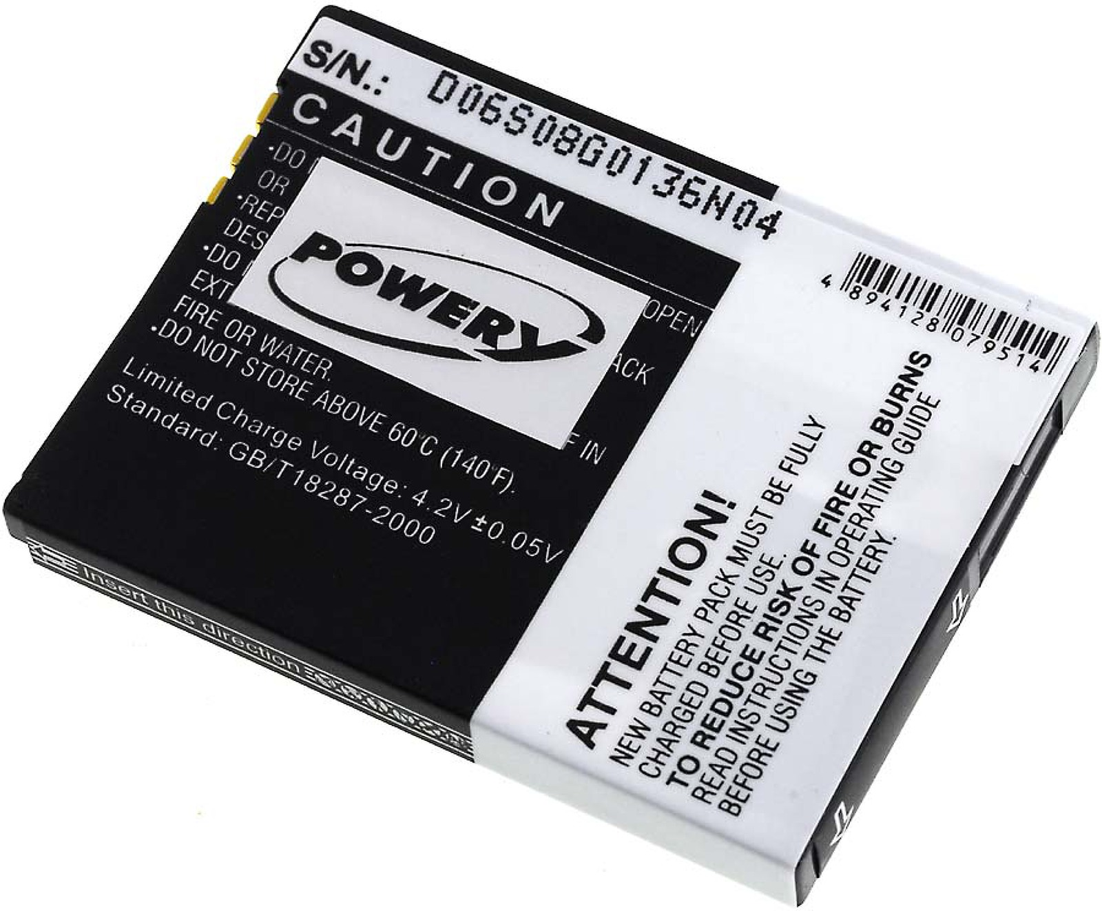 Eine schwarz-weiße Batterie mit Text und weißem Etikett.