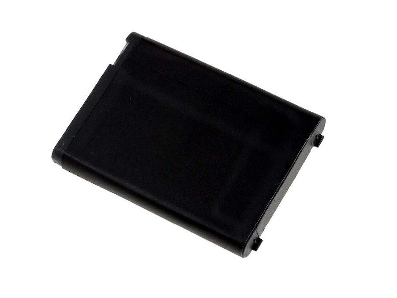 Una pequeña batería rectangular negra. Es una vista desde arriba, sobre un fondo blanco.