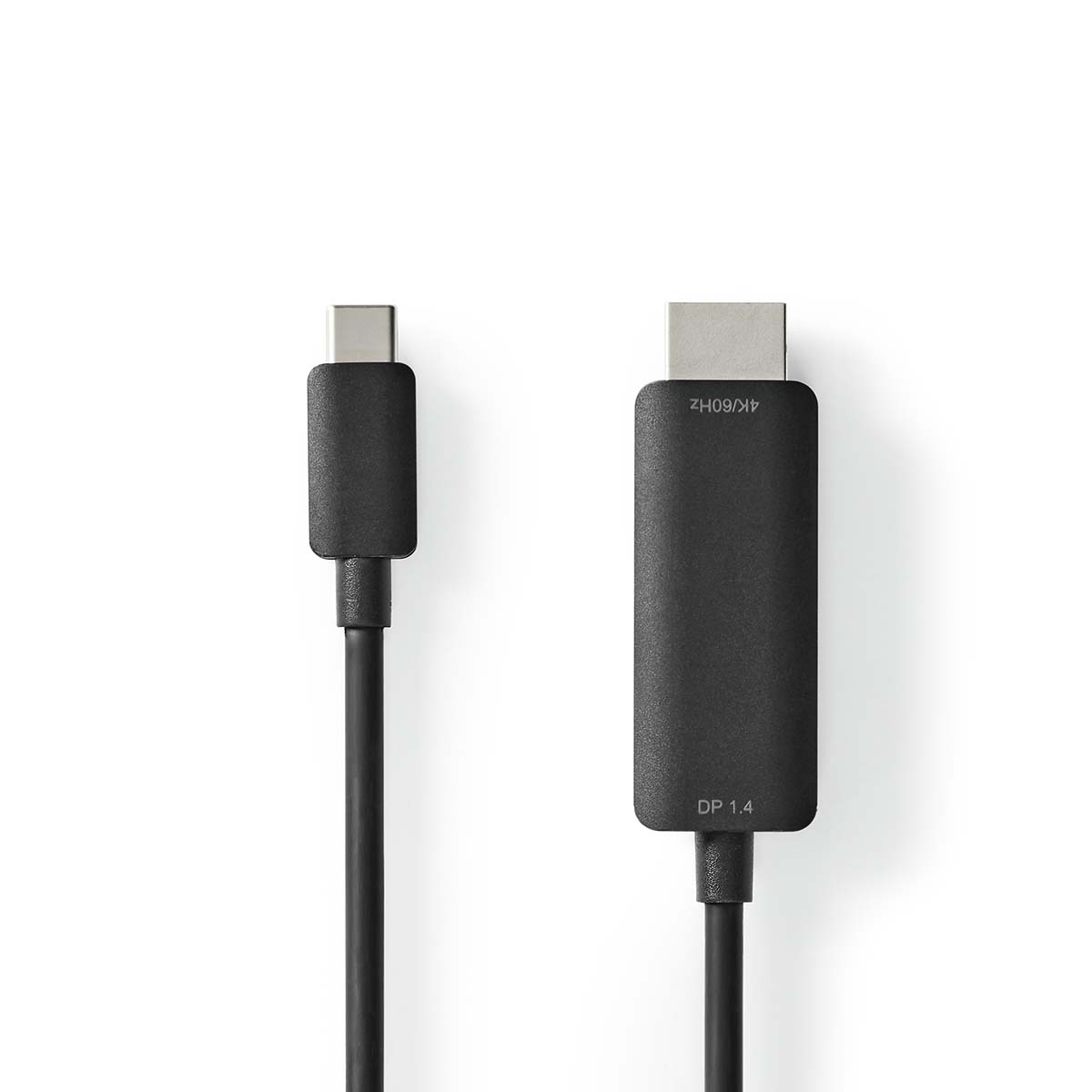 Zwei schwarze USB-C-Kabel auf weißem Hintergrund, eines mit DP 1.4-Etikett.