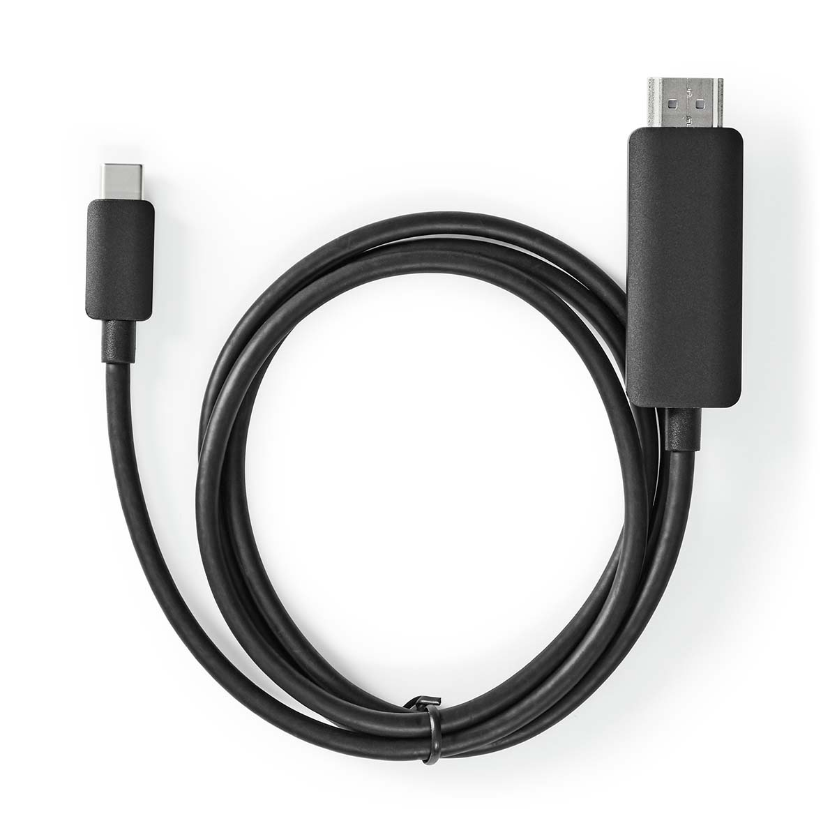 Ein schwarzes USB-C-auf-DisplayPort-Kabel mit Anschlüssen an beiden Enden.