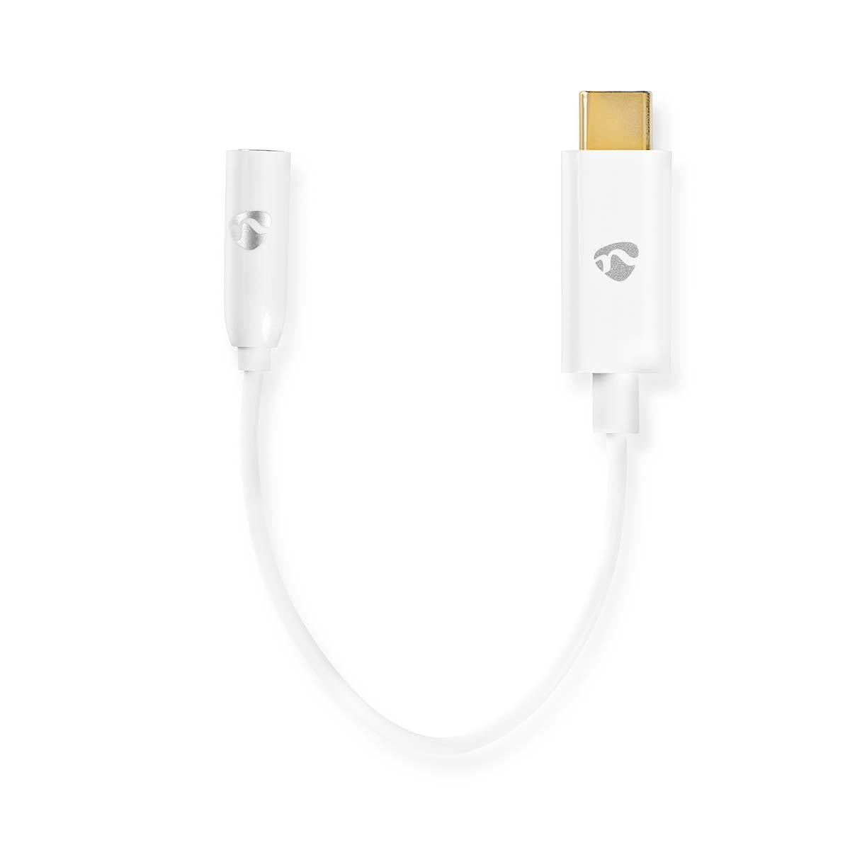 Weißer Adapter mit USB-C- und 3,5-mm-Klinkenanschluss und Logo an den Seiten.