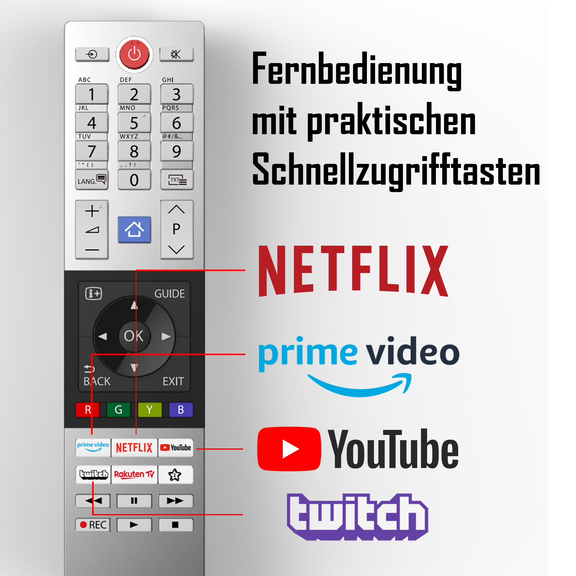 Eine Fernbedienung mit Tasten für Netflix, Prime Video, YouTube und Twitch. Zeigt nummerierte Tasten.