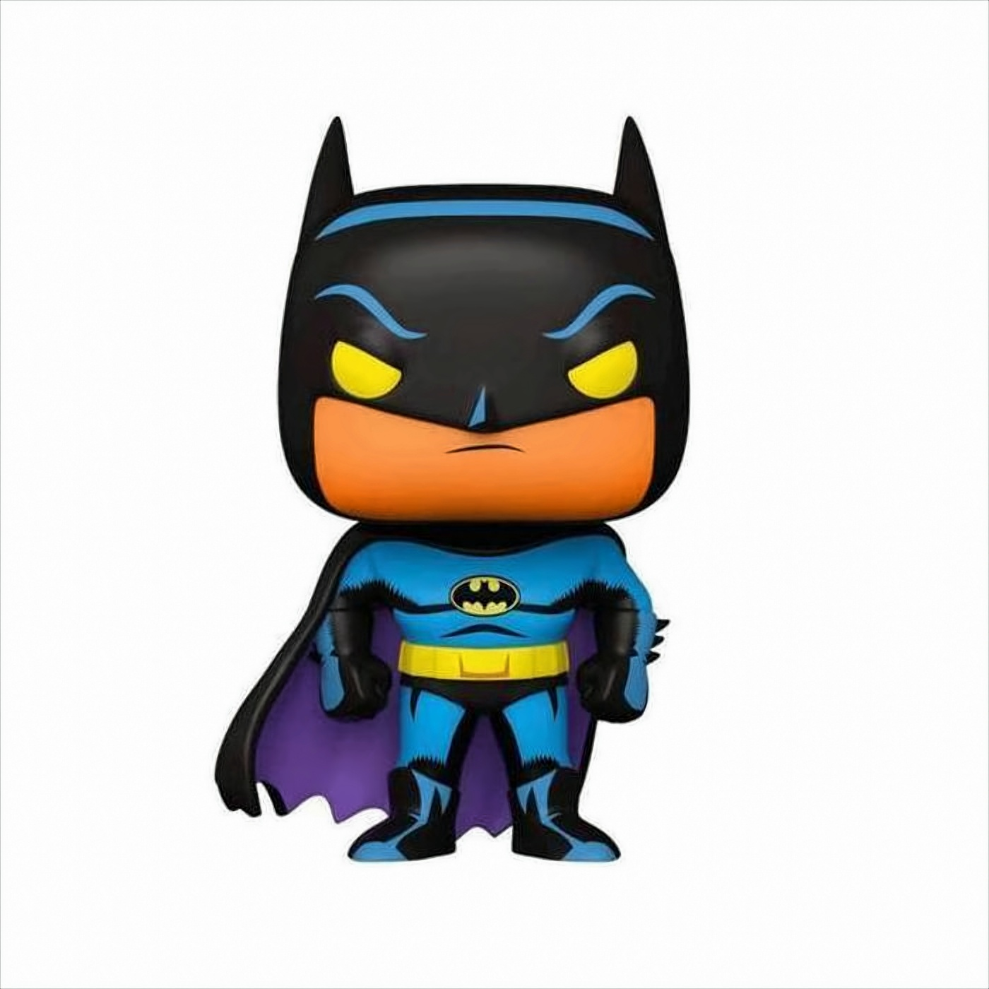 Figura de Batman Funko Pop, traje negro y azul, cara naranja, aislado.