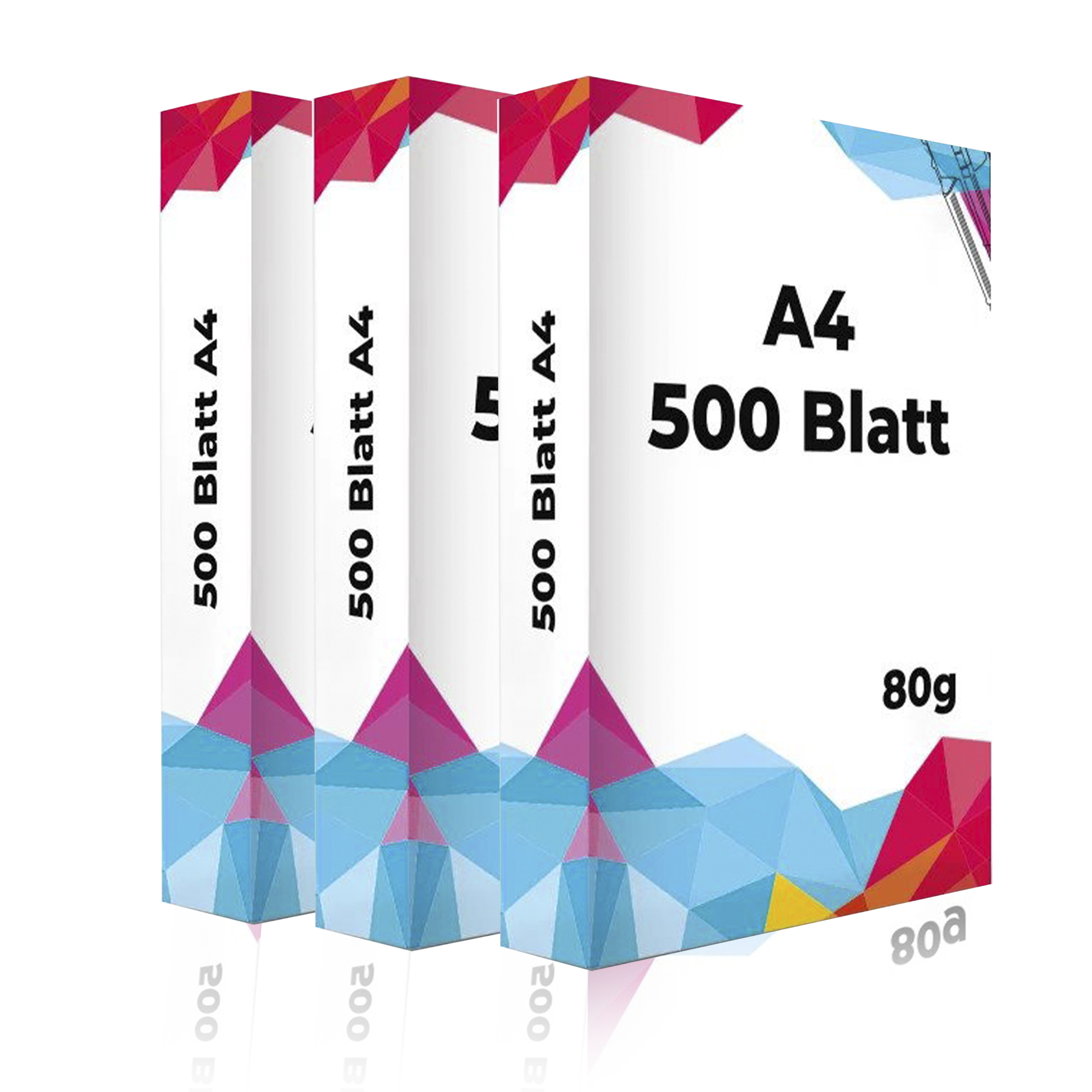 Drei Stapel A4-Papier, beschriftet mit 500 Blatt, 80g, mit farbigen Akzenten.