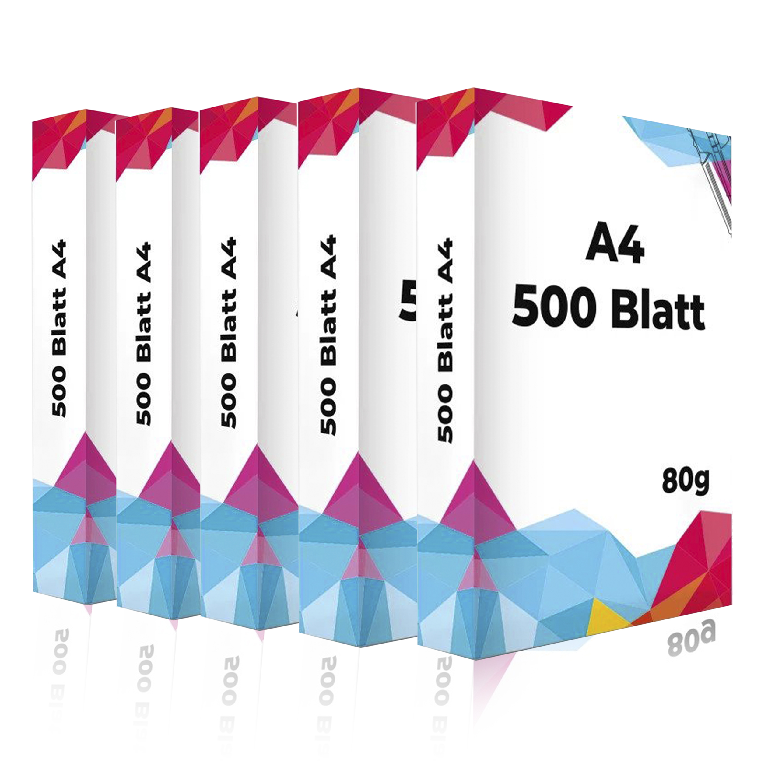 Sechs Packungen A4-Papier (500 Blatt) mit blau-rotem Design, weißer Hintergrund.