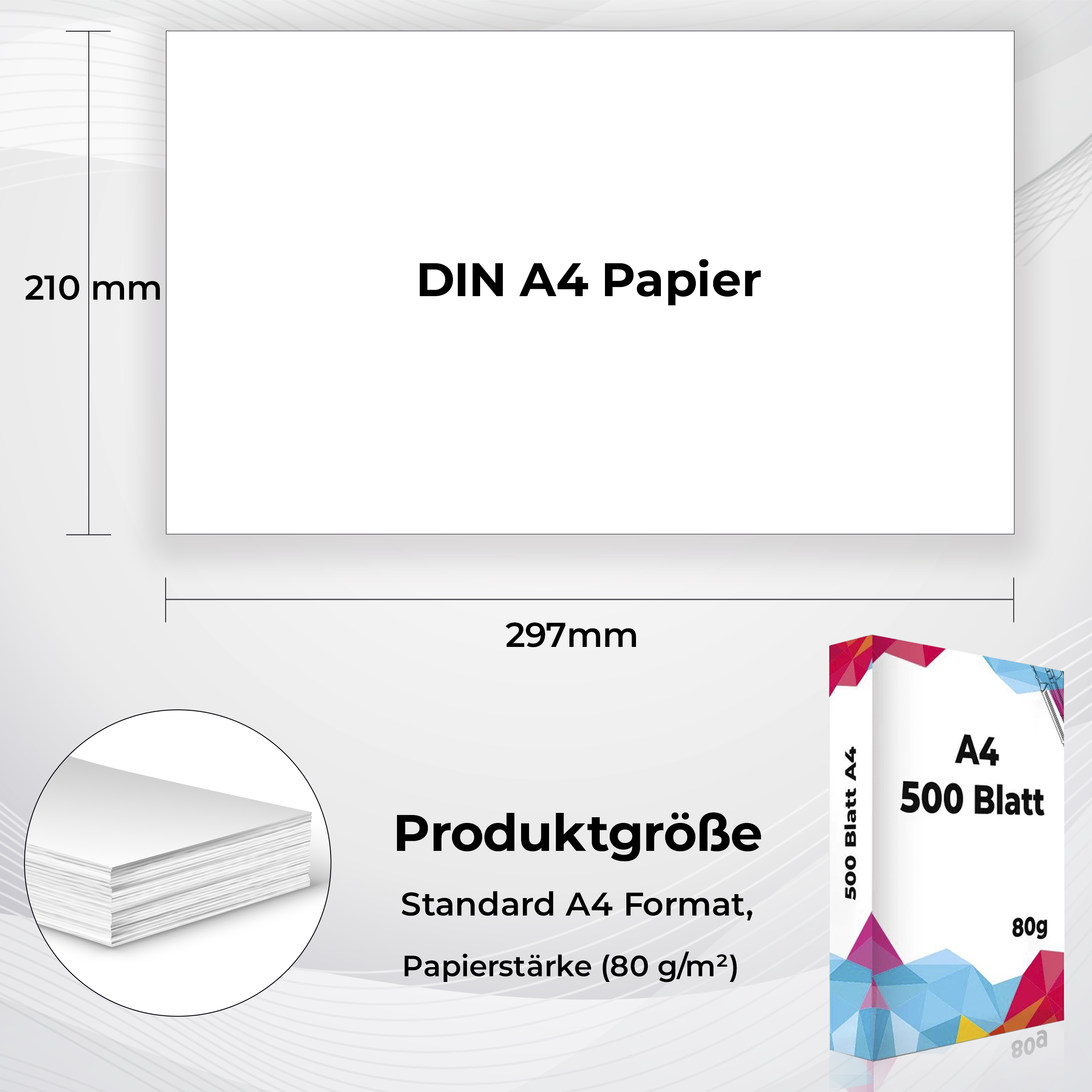 A4-Papierblatt mit den Maßen: 210 mm Höhe, 297 mm Breite und ein Stapel Papier mit einer Packung mit 500 Blatt.