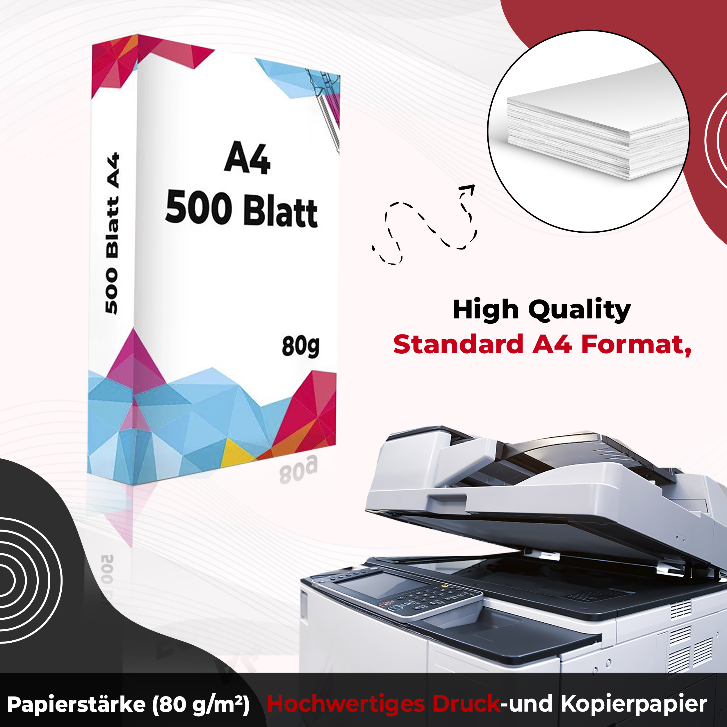 A4-Papierbox mit Text und Drucker. Hochwertiges Kopierpapier.