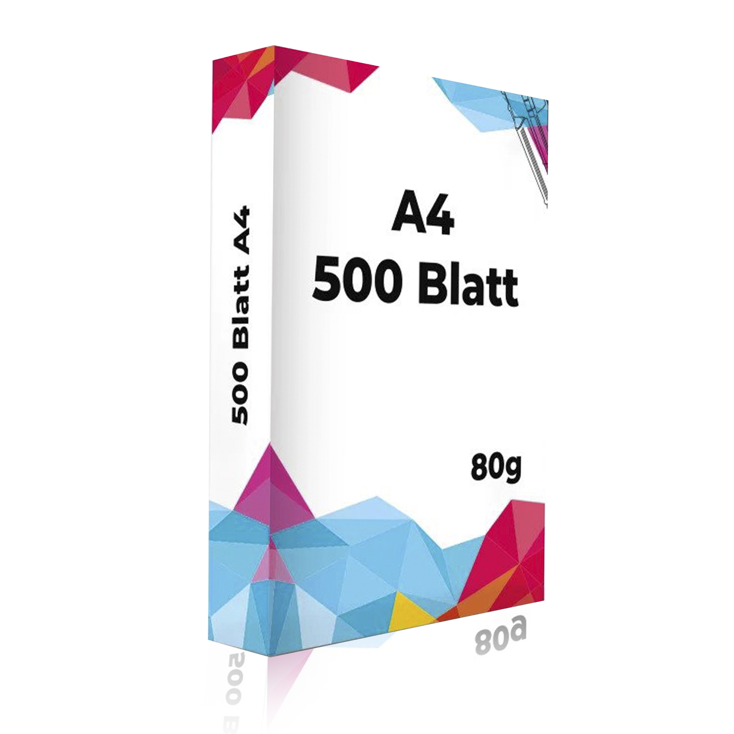 Papierbox mit A4-Papier mit 500 Blatt. Die Box hat ein geometrisches Design und den Text '80g'.