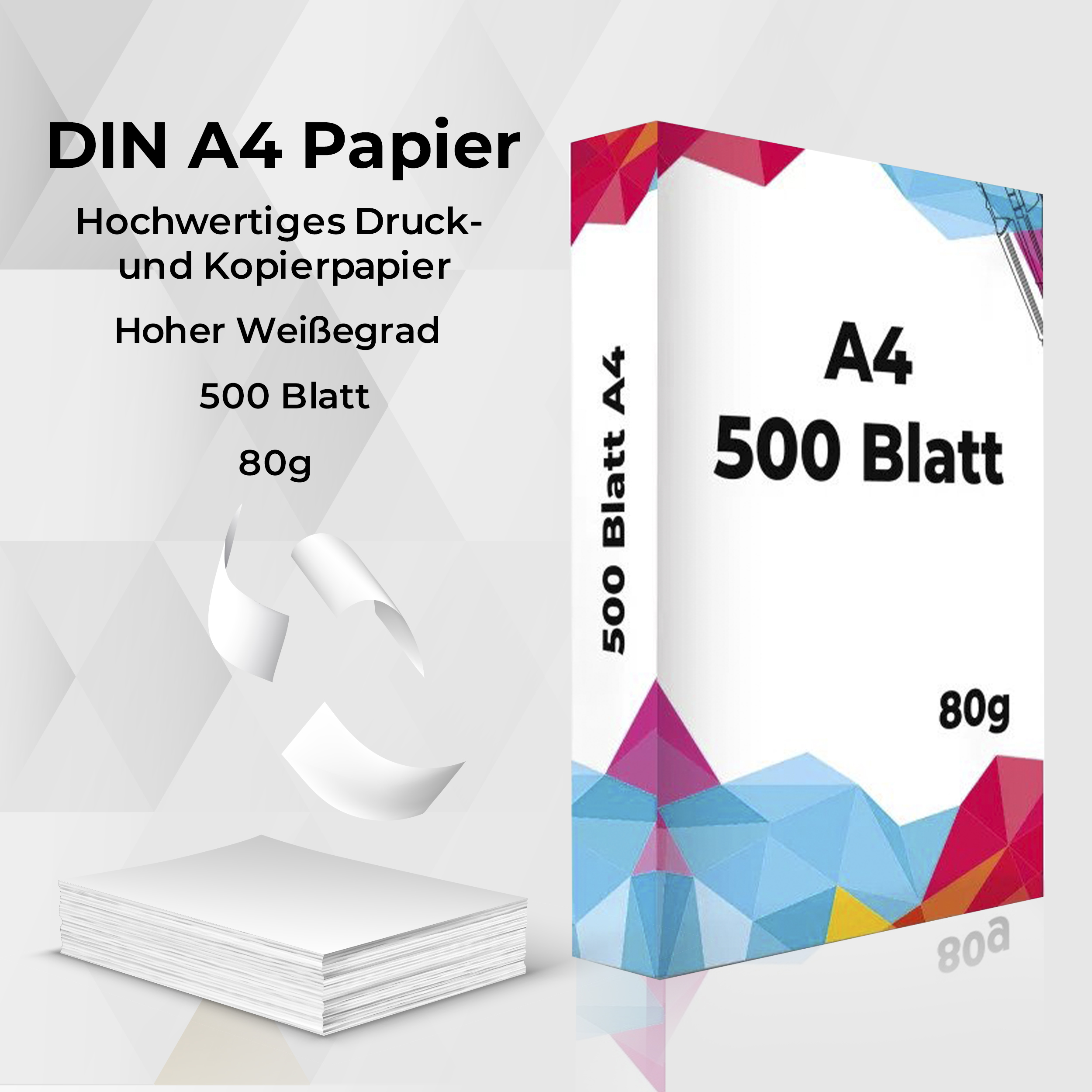 A4-Papierpackung mit Papierblättern und Text zur Beschreibung des Produkts.
