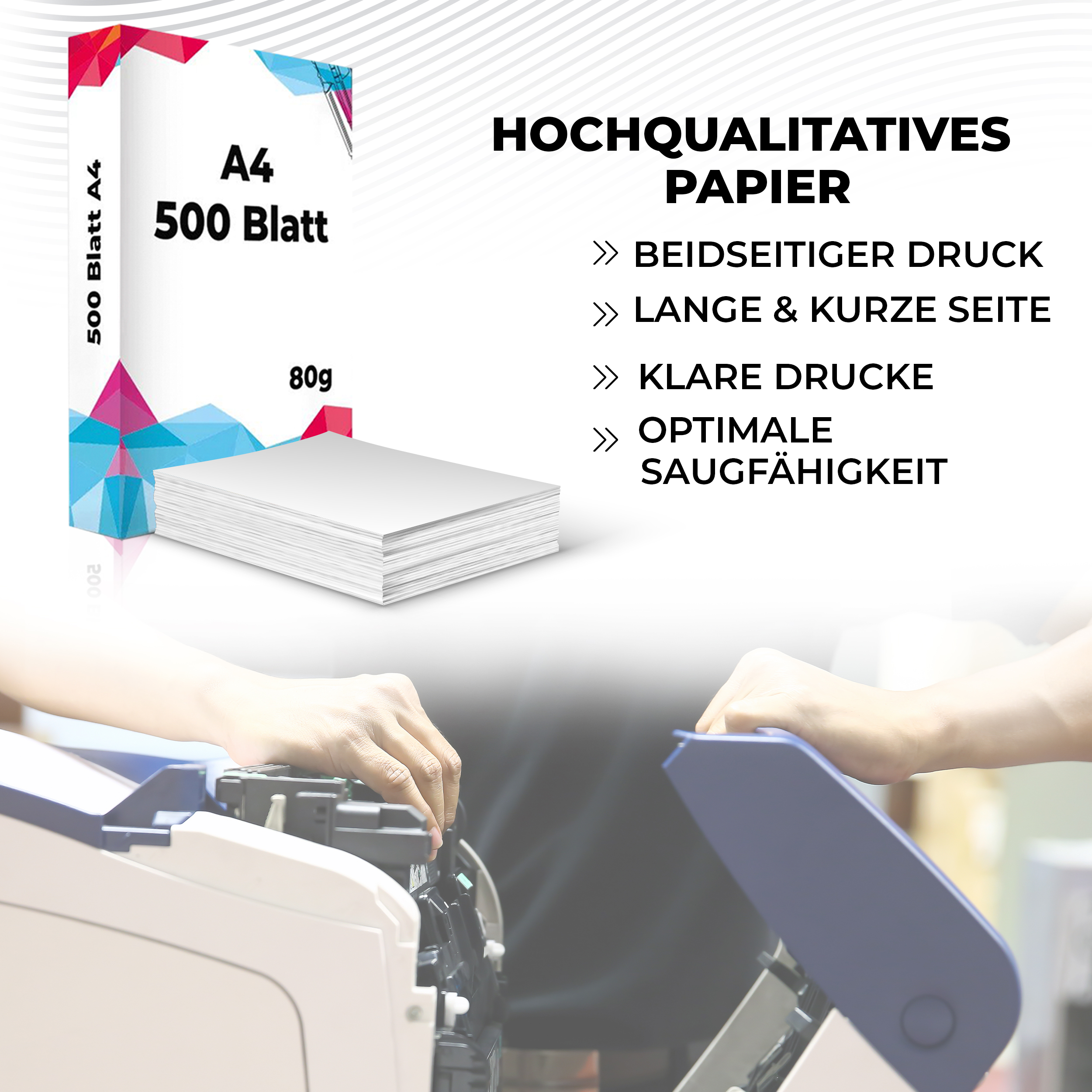 Papierpaket mit Papierbögen und Händen. Weißer Hintergrund.