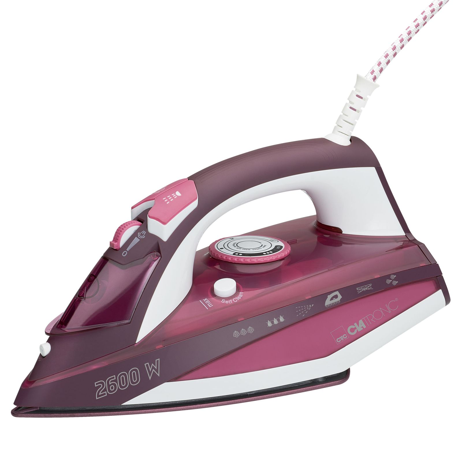 Clatronic Db 3705 plancha de vapor 2600w suela vertical golpe autolimpieza antigoteo 7 funciones 2600 blancorojo ropa 40 boquillas termostato cable 360º 380