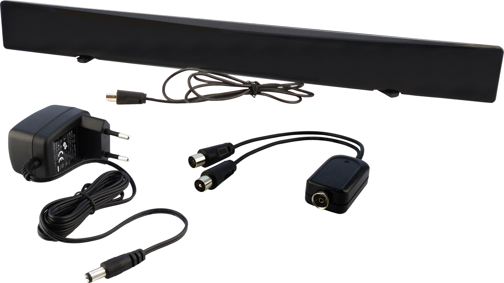 Schwarze TV-Antenne, Netzteil und Kabel. Zubehör umfasst einen Splitter und einen kleinen schwarzen Empfänger.