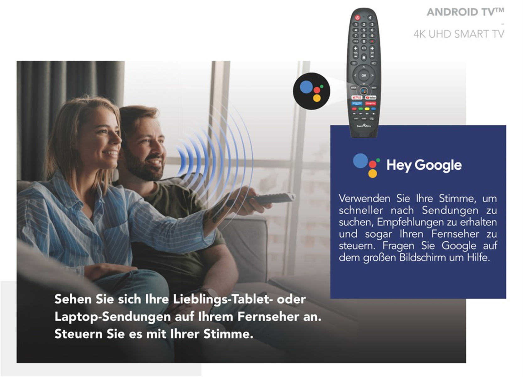 Pareja usando control remoto con texto e ilustraciones sobre funciones de Smart TV.