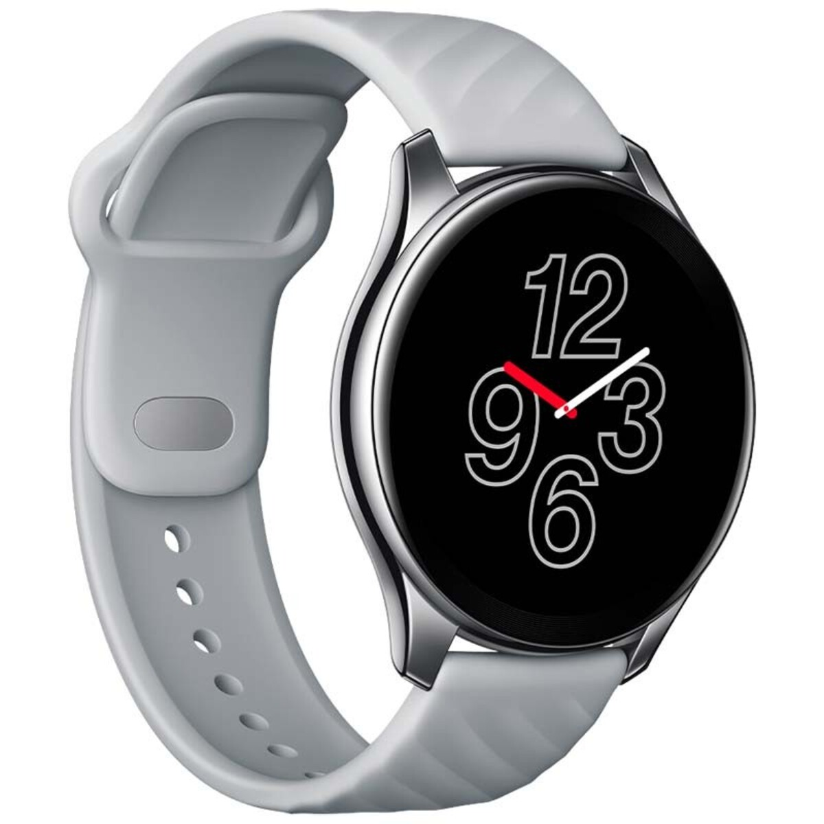 Eine Smartwatch mit schwarzem Zifferblatt, das die Uhrzeit anzeigt, an einem hellgrauen Armband.