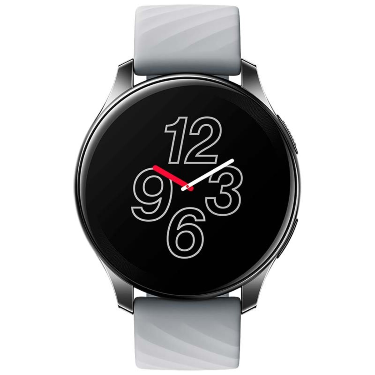 Smartwatch mit schwarzem Zifferblatt, weißen Zahlen und grauem Armband.