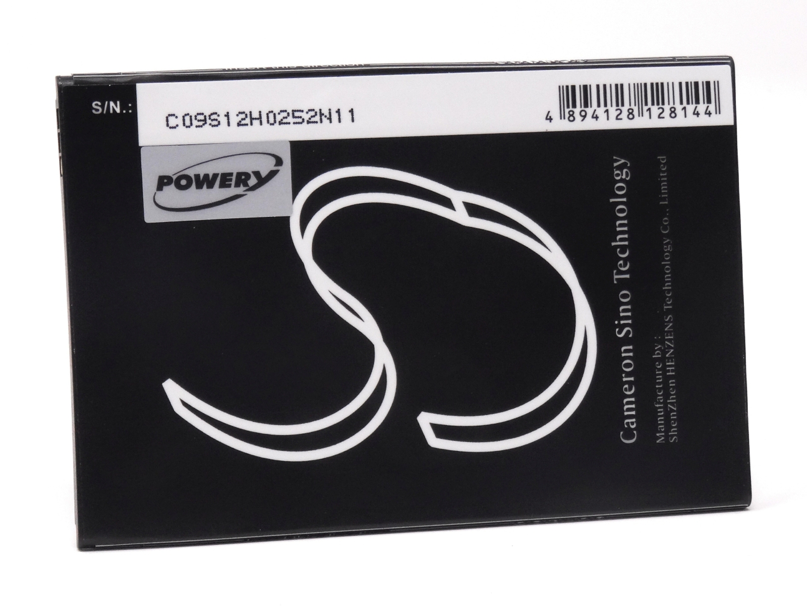 Batería negra con logotipo y texto blancos. Un código de barras y 'POWERY' son visibles en la etiqueta.