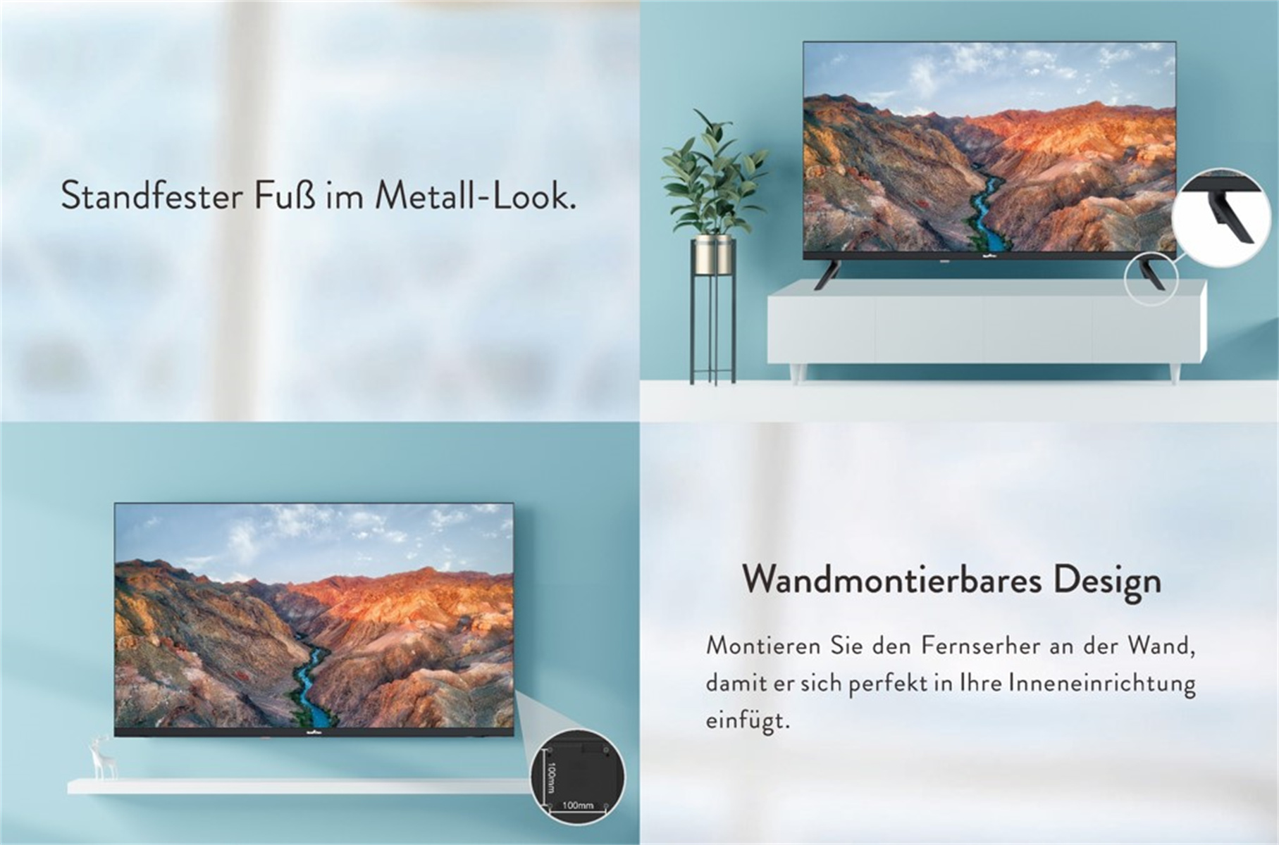 Eine Werbung, die einen Fernseher mit verschiedenen Montagemöglichkeiten und Funktionen zeigt.