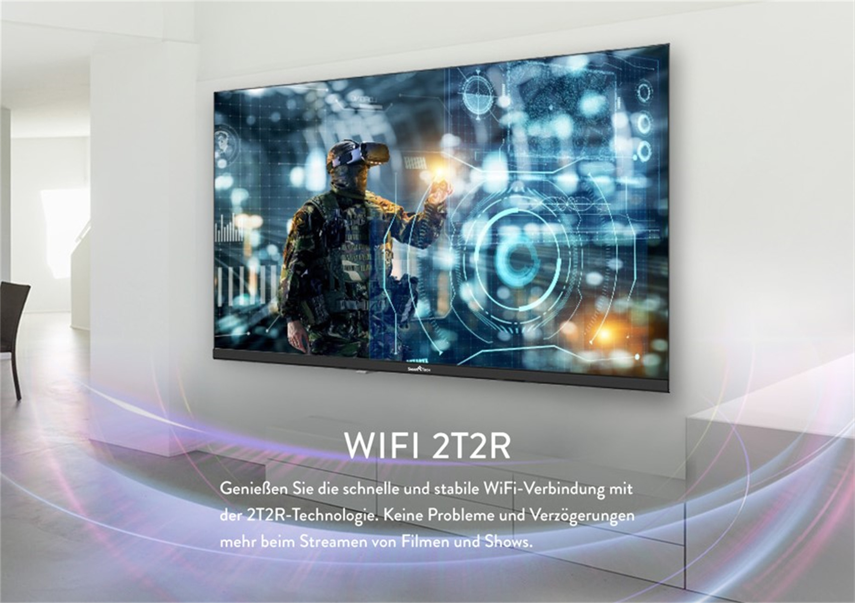 Mężczyzna w goglach VR na ekranie TV. Abstrakcyjna niebieska grafika.