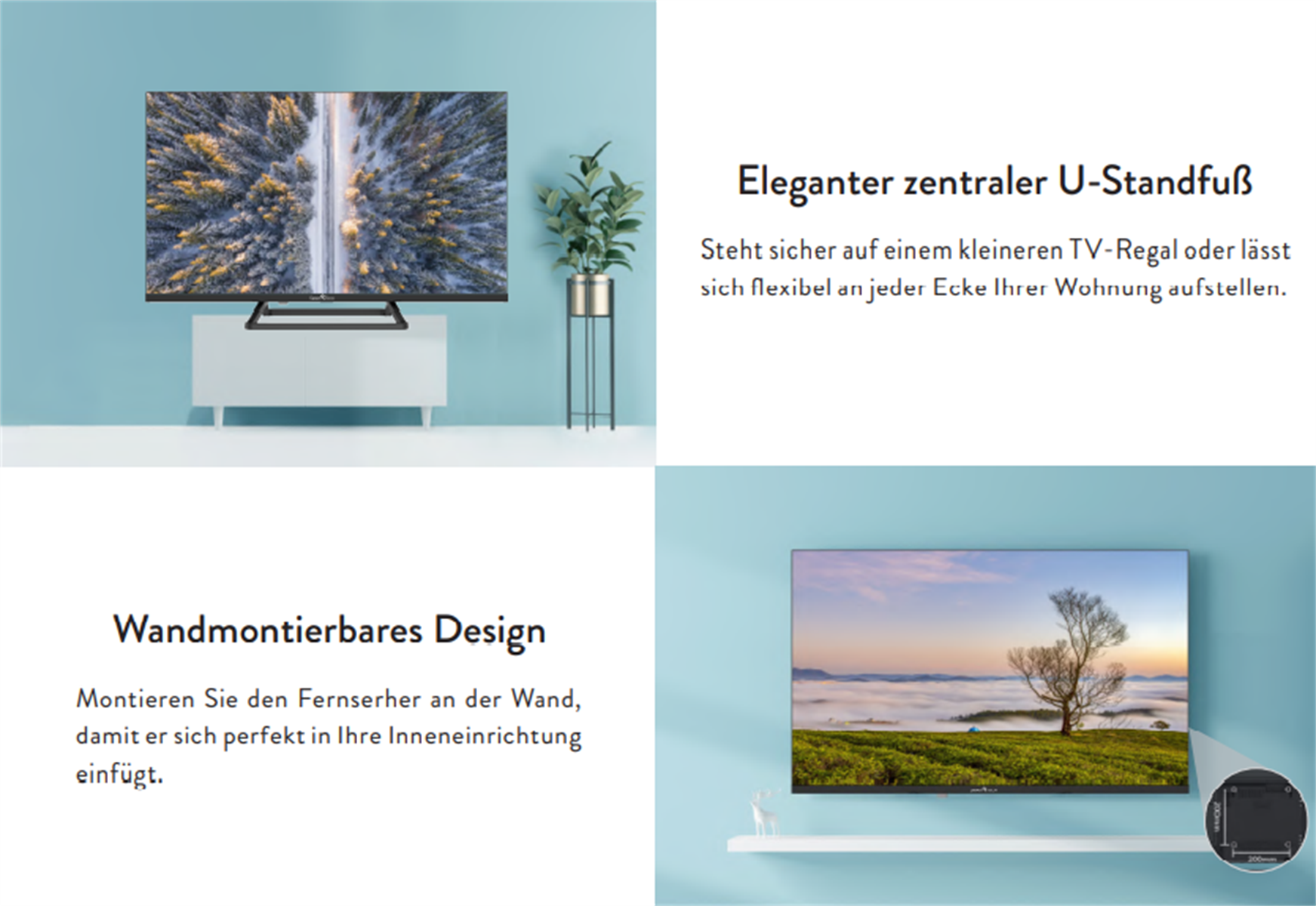 Fernseher mit Pflanzen und weißem Schrank, Text über TV-Funktionen. Blauer Hintergrund.