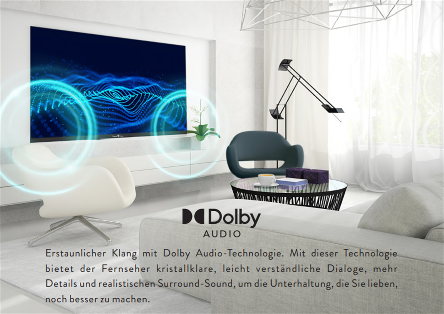 Wohnzimmer mit Fernseher, Sofa und Couchtisch, mit Text zu Dolby Audio.