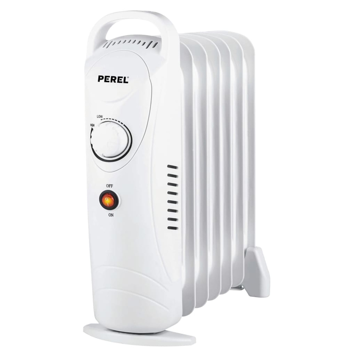 Biały grzejnik olejowy. Ma uchwyt, pokrętło sterowania, przycisk zasilania i żebrowane elementy grzejne. Białe tło.