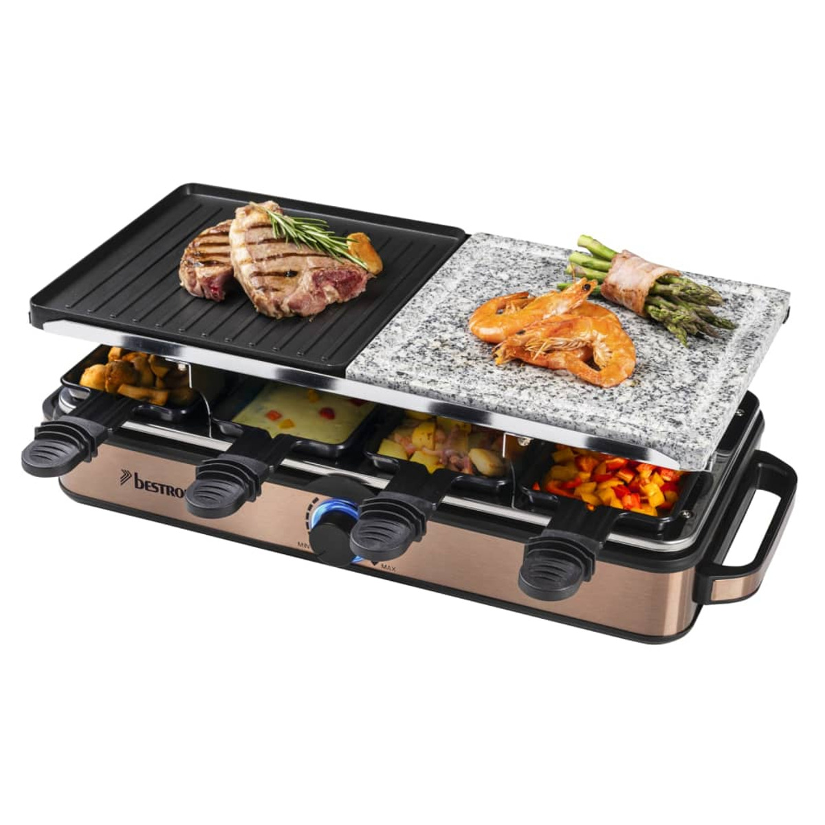 Grill do raclette z jedzeniem na wierzchu. Miedziane i czarne odcienie.