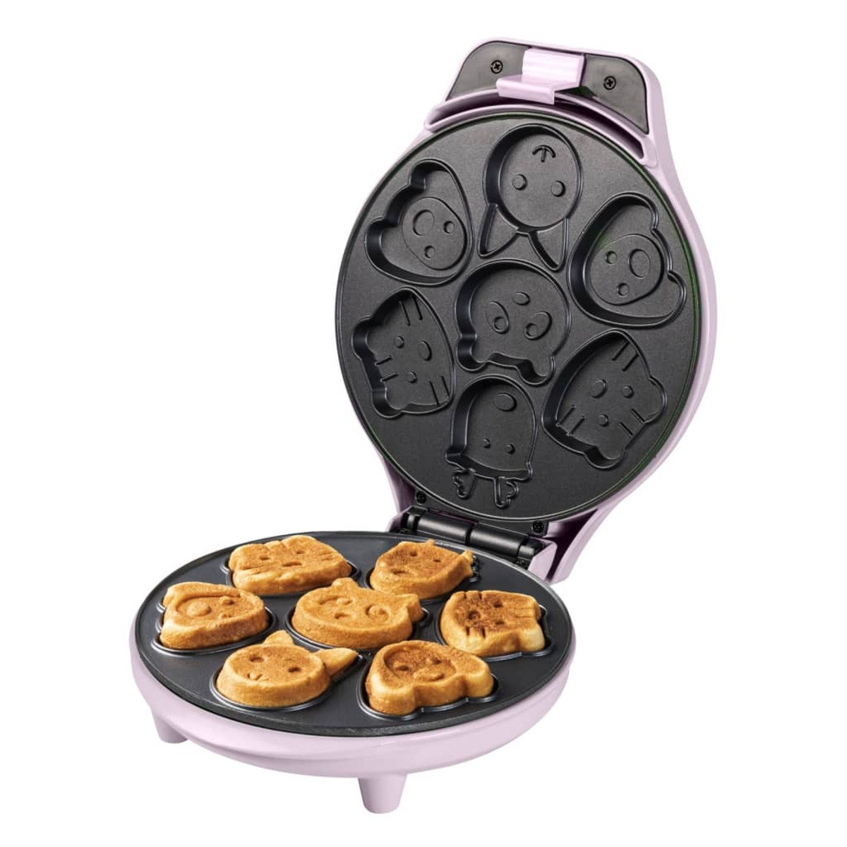 Macchina per waffle rosa con waffle a forma di cartone animato. Il coperchio è aperto.