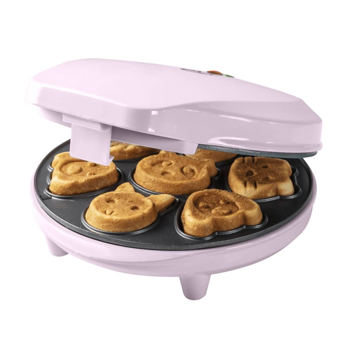 Mini waffle maker rosa con sei waffle a forma di animali. Coperchio aperto.
