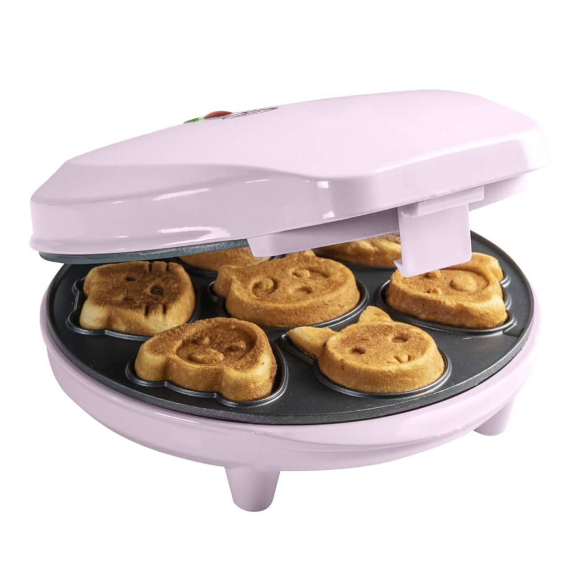 Waffeliera rosa Hello Kitty con waffle a forma del personaggio.