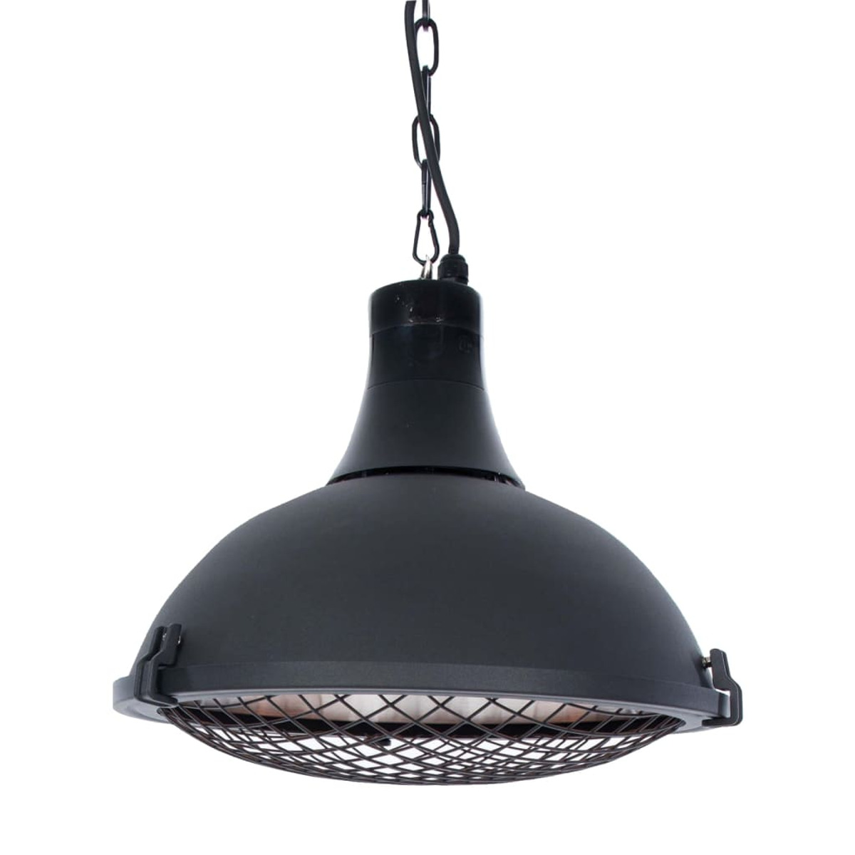 Schwarze Hängelampe mit Gitter über der Lichtquelle, an einer Kette hängend.