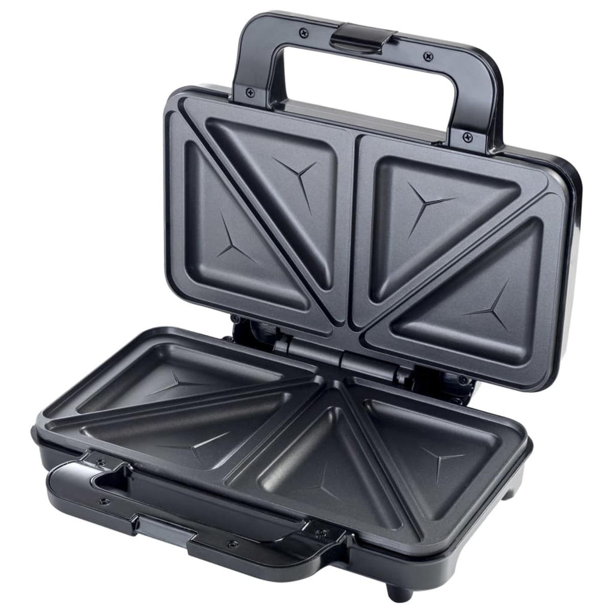 Czarny opiekacz do kanapek, otwarty, pokazujący trójkątne płyty do gotowania.