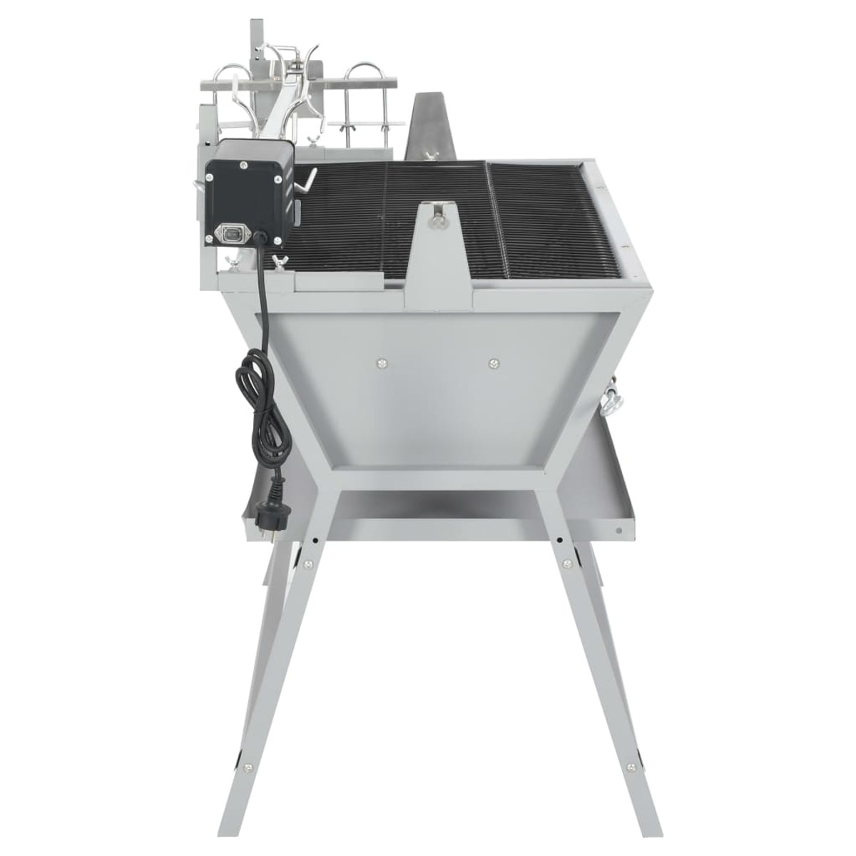 Silberner Metall-Grill. Verfügt über ein Heizelement, eine Grillfläche und Beine für Stabilität.