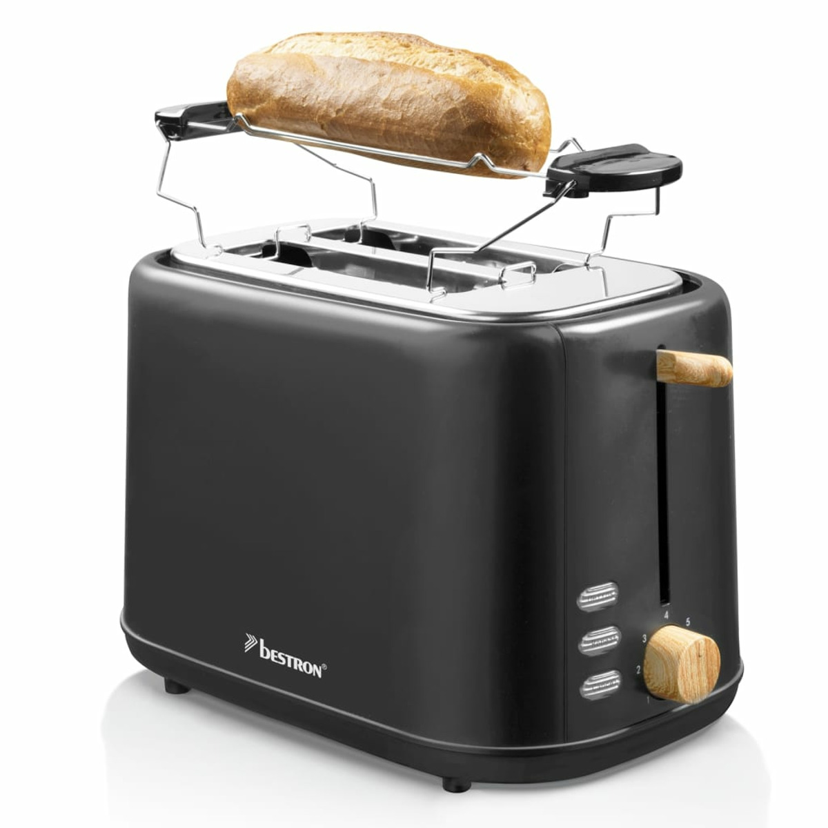 Ein schwarzer Toaster mit einem Brotlaib oben und Holzbedienelementen.