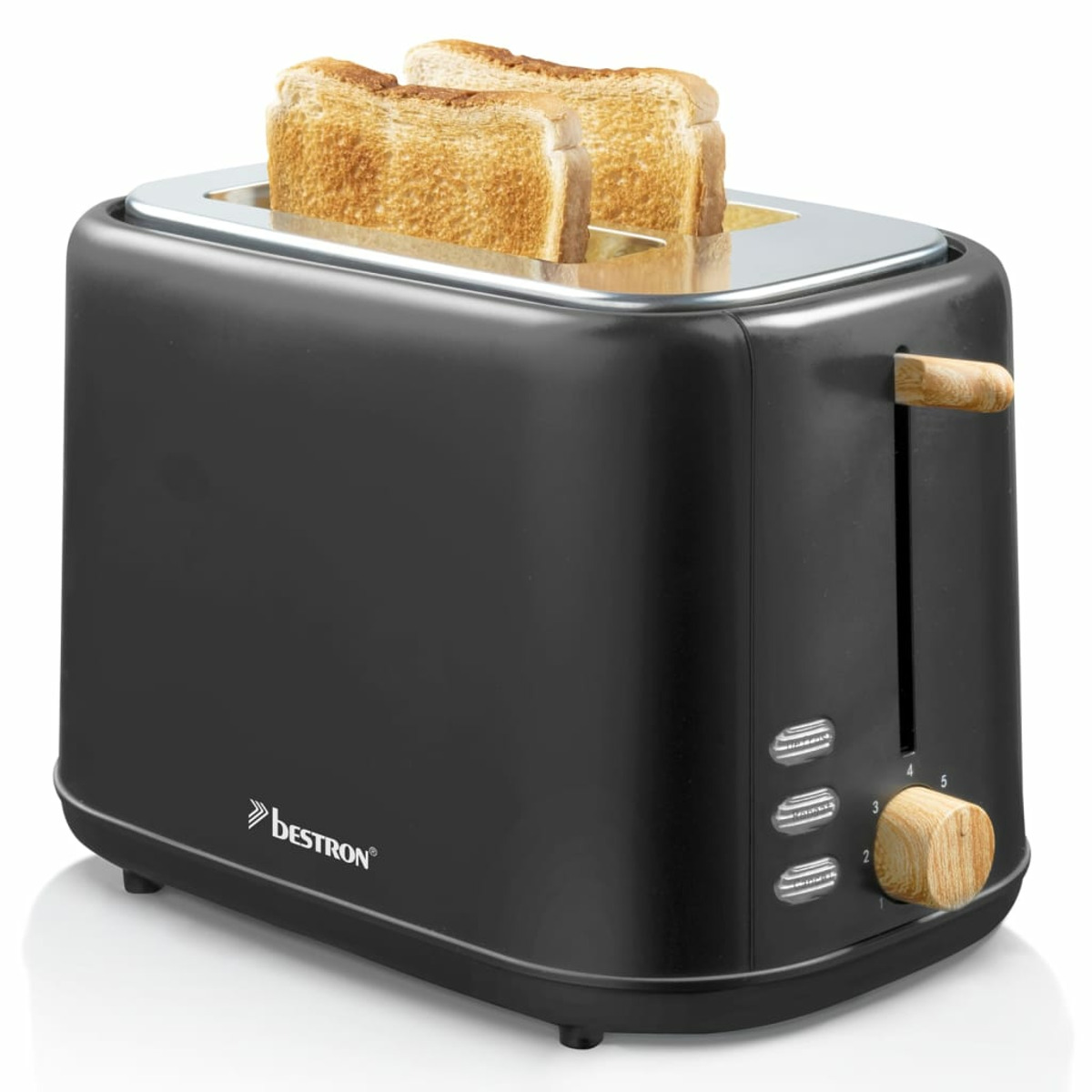 Schwarzer Toaster mit zwei Toastbrotscheiben in den Schlitzen, Knöpfen und einem Holzgriff.