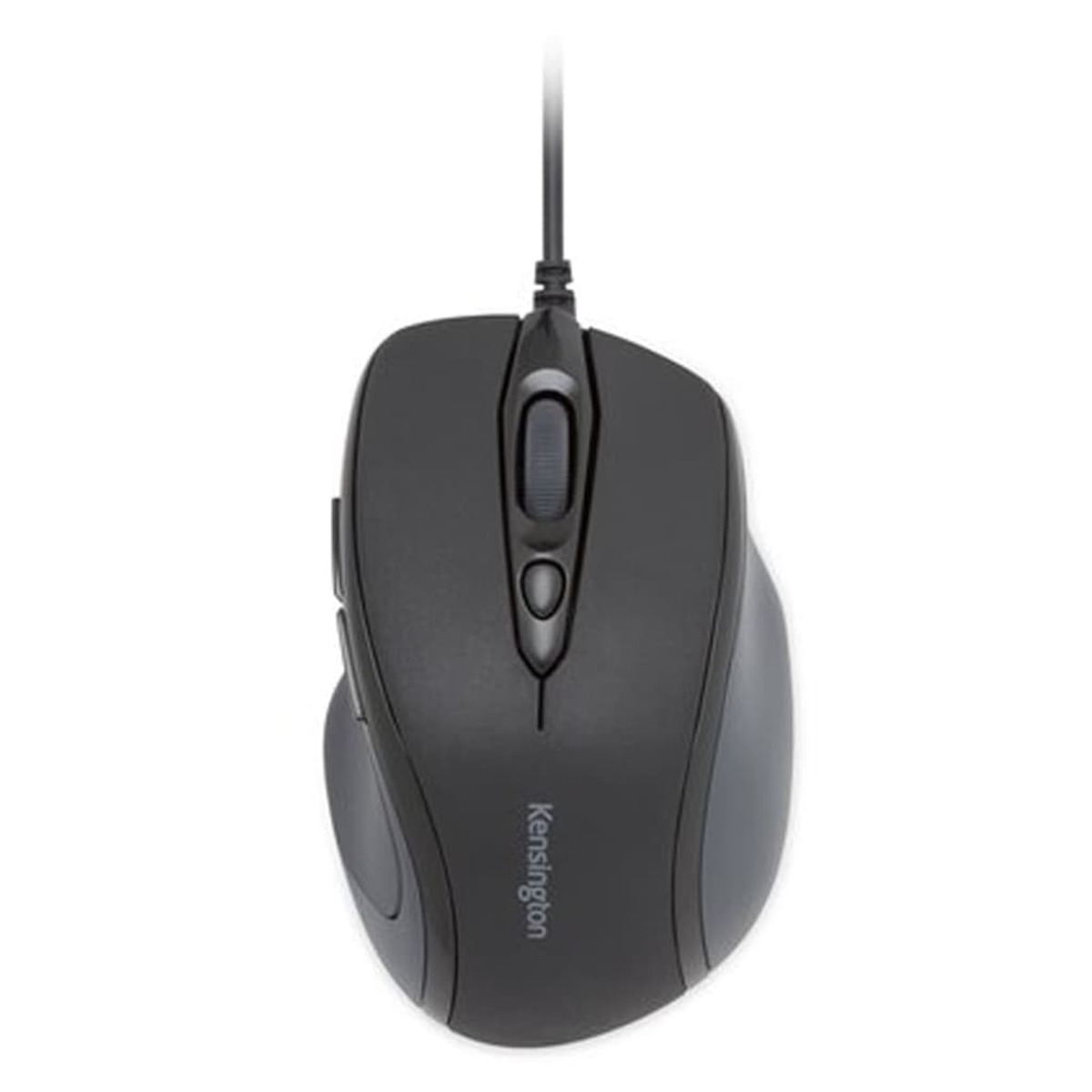 Schwarze Computermaus mit Kensington-Etikett auf weißem Hintergrund.