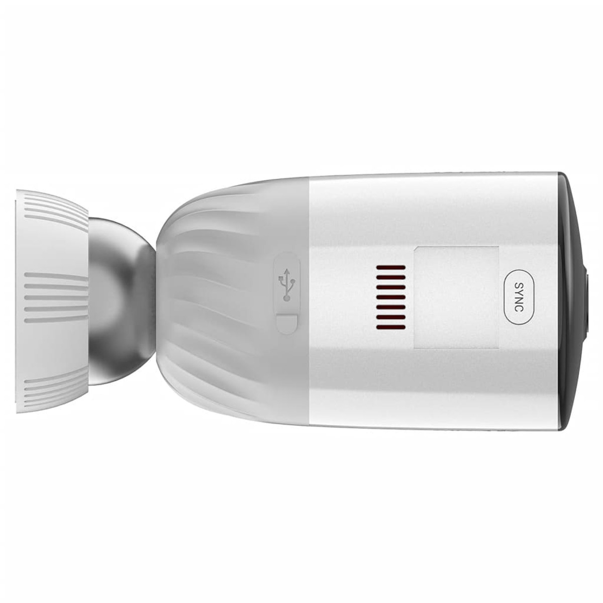 Widoczna jest biała kamera bezpieczeństwa z portem USB i przyciskiem synchronizacji.