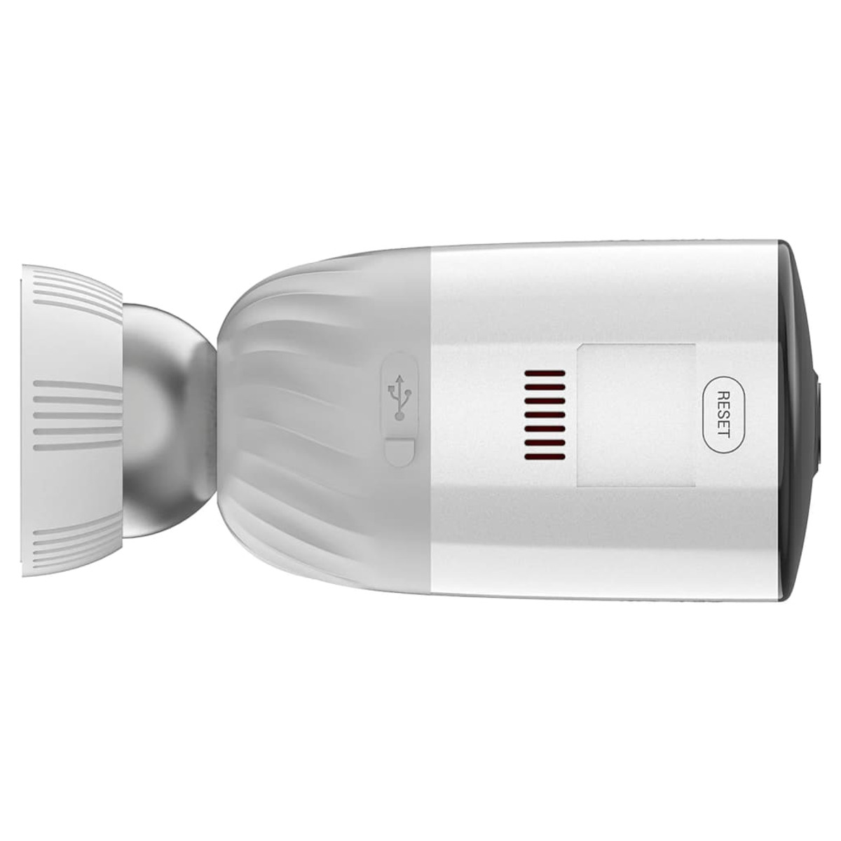 Biała kamera monitoringu z ciemnym obiektywem i przyciskiem resetowania. Kamera jest cylindryczna.