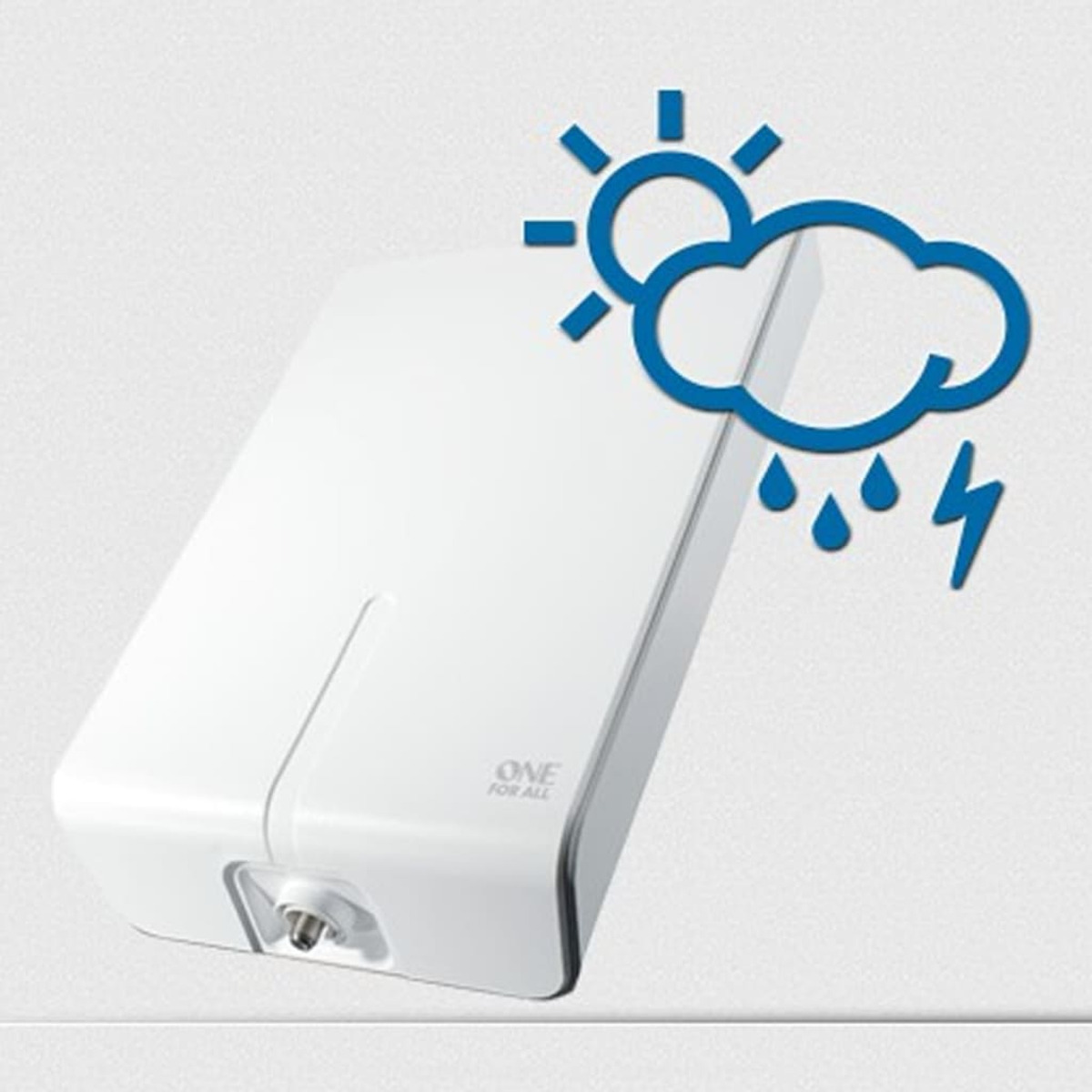 Antena blanca con una ilustración azul de sol, nube, lluvia y relámpagos en el fondo.