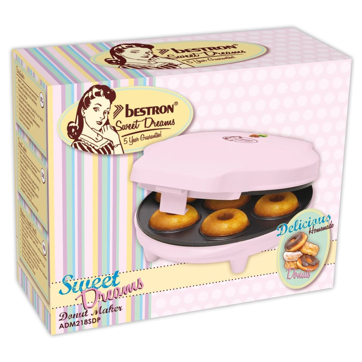 Una máquina de hacer donas rosa en una caja. La caja muestra la máquina, las donas y una imagen de donas caseras deliciosas.