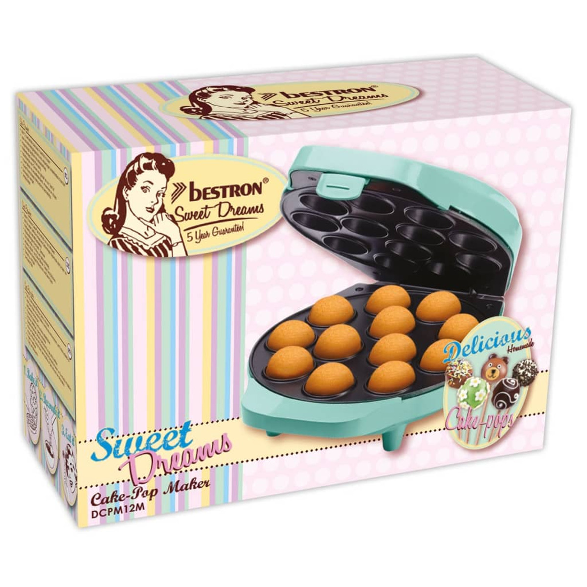 Máquina para hacer cake pops en su caja, con cake pops en la máquina.